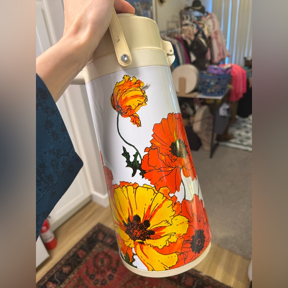 Vintage Floral Thermos with Orange and Yellow Design